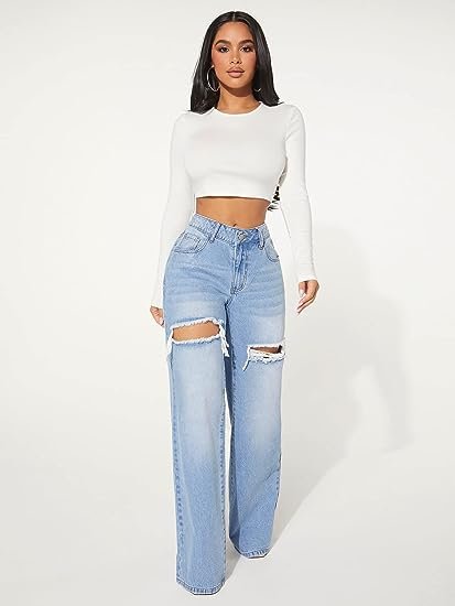 Women's Cut Out Ripped High Waist Wide Leg Jeans Loose Denim Pants