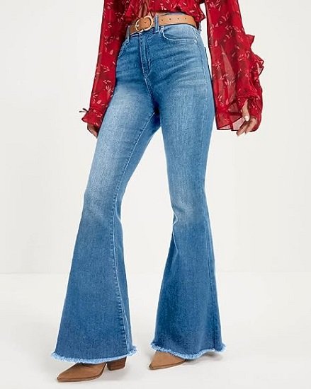 Women's High Waisted Bell Bottom Jeans Stretch Casual Raw Hem Denim Pants