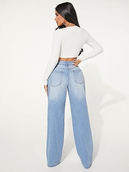 Women's Cut Out Ripped High Waist Wide Leg Jeans Loose Denim Pants