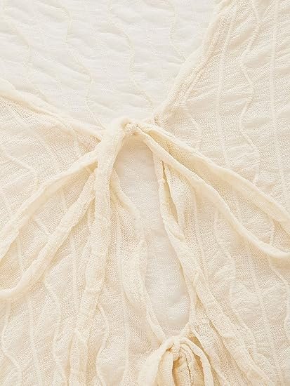 Women's Top Bell Long Sleeve Tie Front Textured Sheer  Cardigan