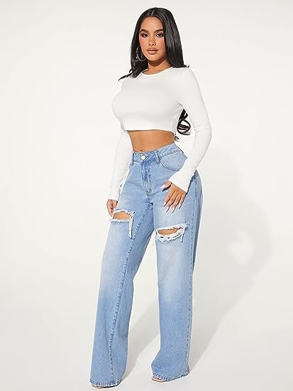 Women's Cut Out Ripped High Waist Wide Leg Jeans Loose Denim Pants