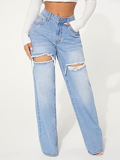 Women's Cut Out Ripped High Waist Wide Leg Jeans Loose Denim Pants